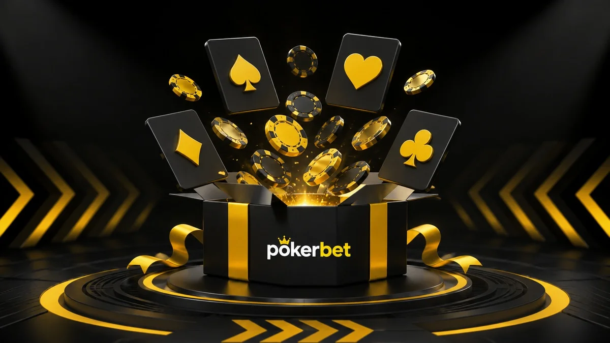 Приветственный бонус PokerBet — открытый сундук с картами и фишками